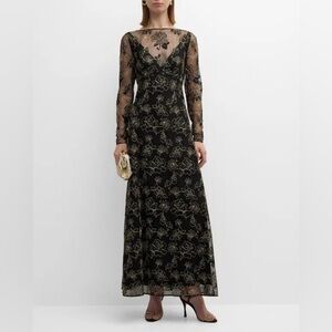 NWT Lela Rose Embroidered Floral Lace Long-Sleeve Illusion Maxi Dress Size 8